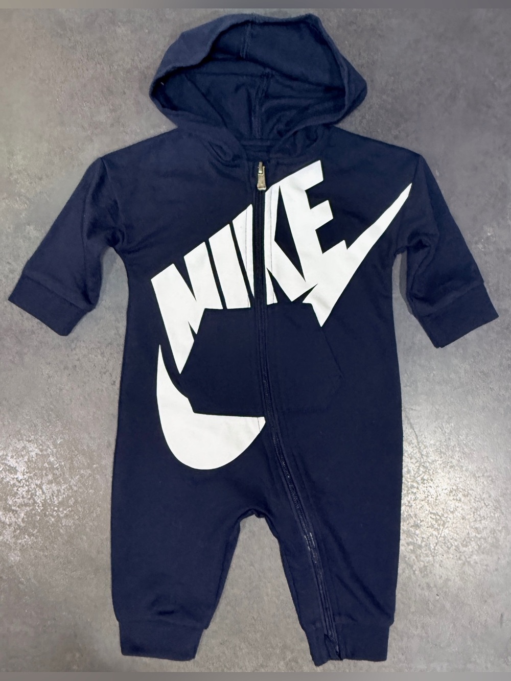 Nike Baby 6M Navy Hooded Zip Romper Big Logo Coverall One Piece